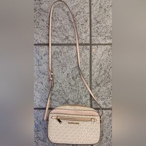 Michael Kors Beige and Tan Logo Crossbody with Gold Hardware